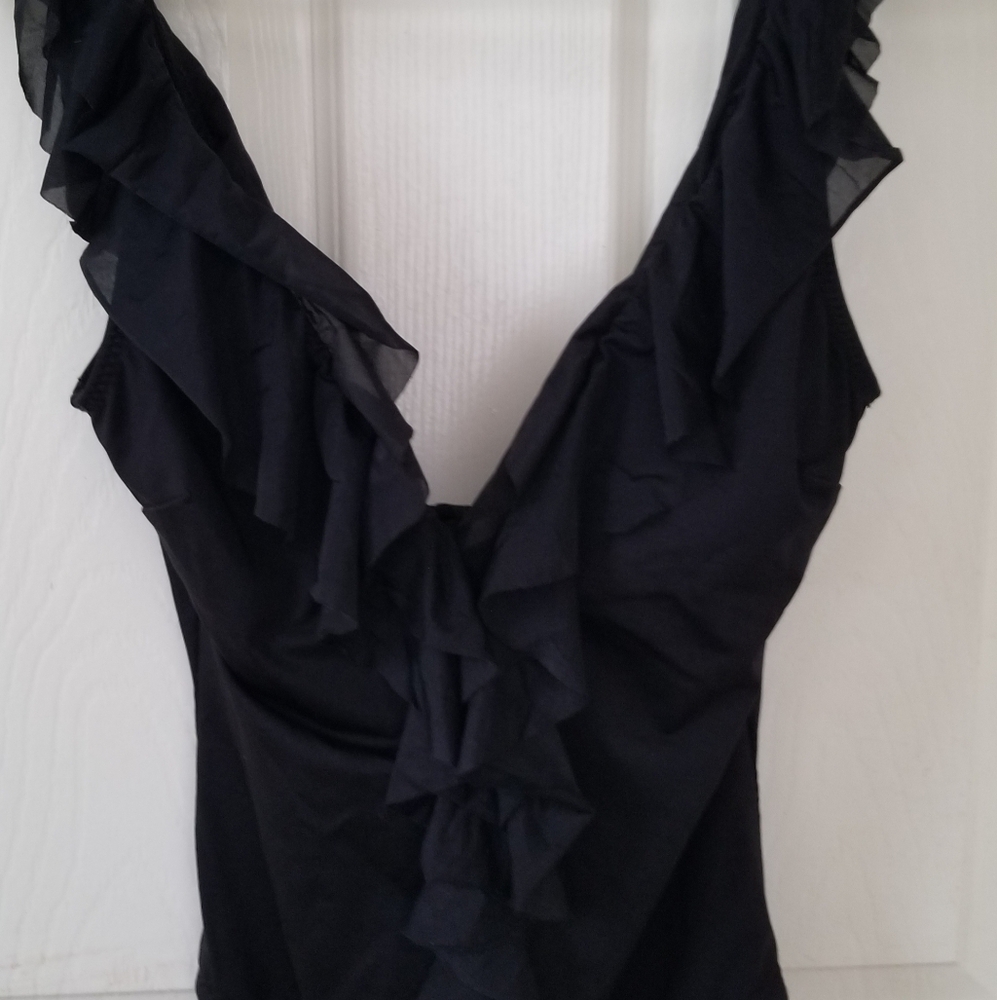 ABS Allen Schwartz Black One Piece Swimsuit with Deep Ruffled V Front & Back 6
